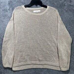 LOFT Sweater Womens LP Beige Open Knit Crewneck Relaxed Long Sleeve Pullover